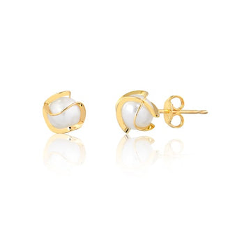 18K Gold Layered Oro Laminado Pearl in Gold Lines Stud Earrings 21.0055/92